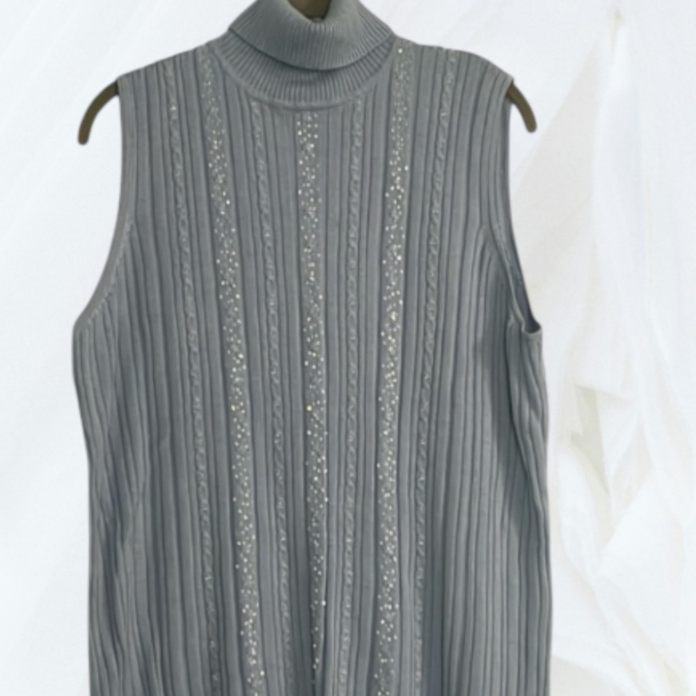 Requirements woman tank top size 2X ribbed knit w/beads blue turtleneck - Picture 1 of 11